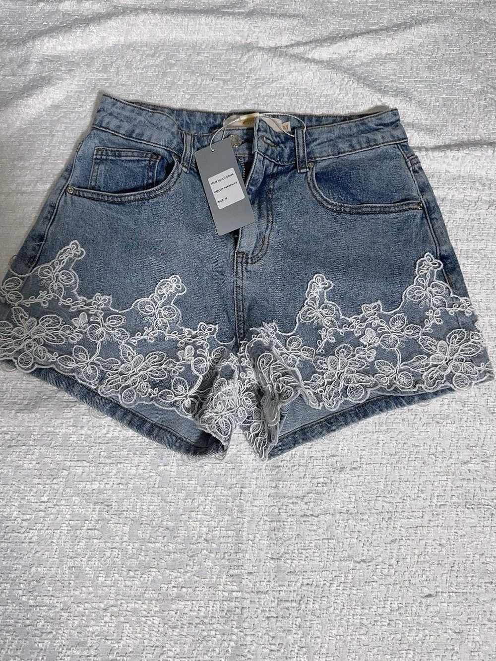Denim Lace Trim High-Waist Shorts - Blue